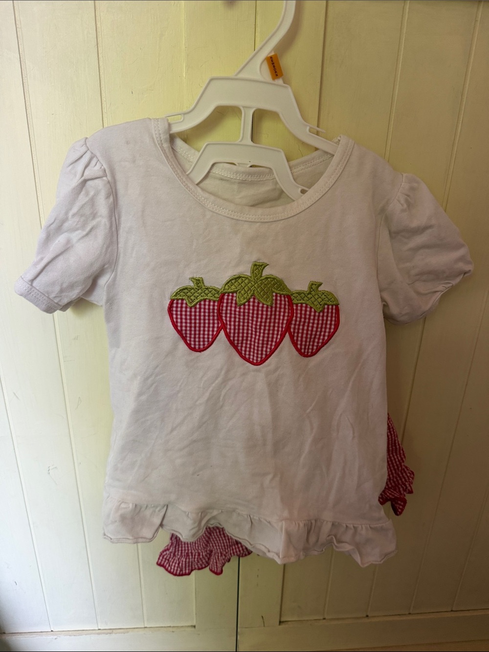 3/$6 White Short-Sleeve Tee with Red Gingham Strawberry Appliqués and shorts set